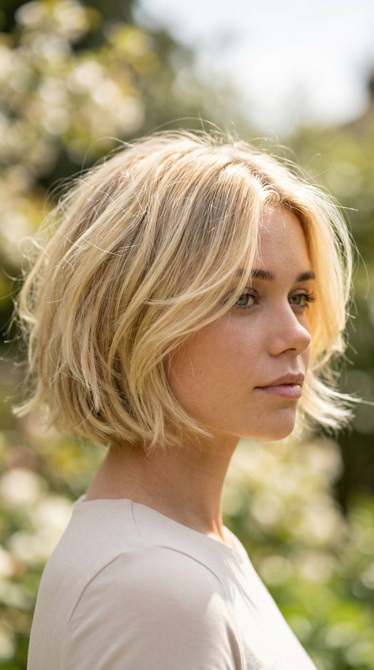 short bixie haircut with buttercream blonde & honey, textured crown, wispy bangs — playful summer
