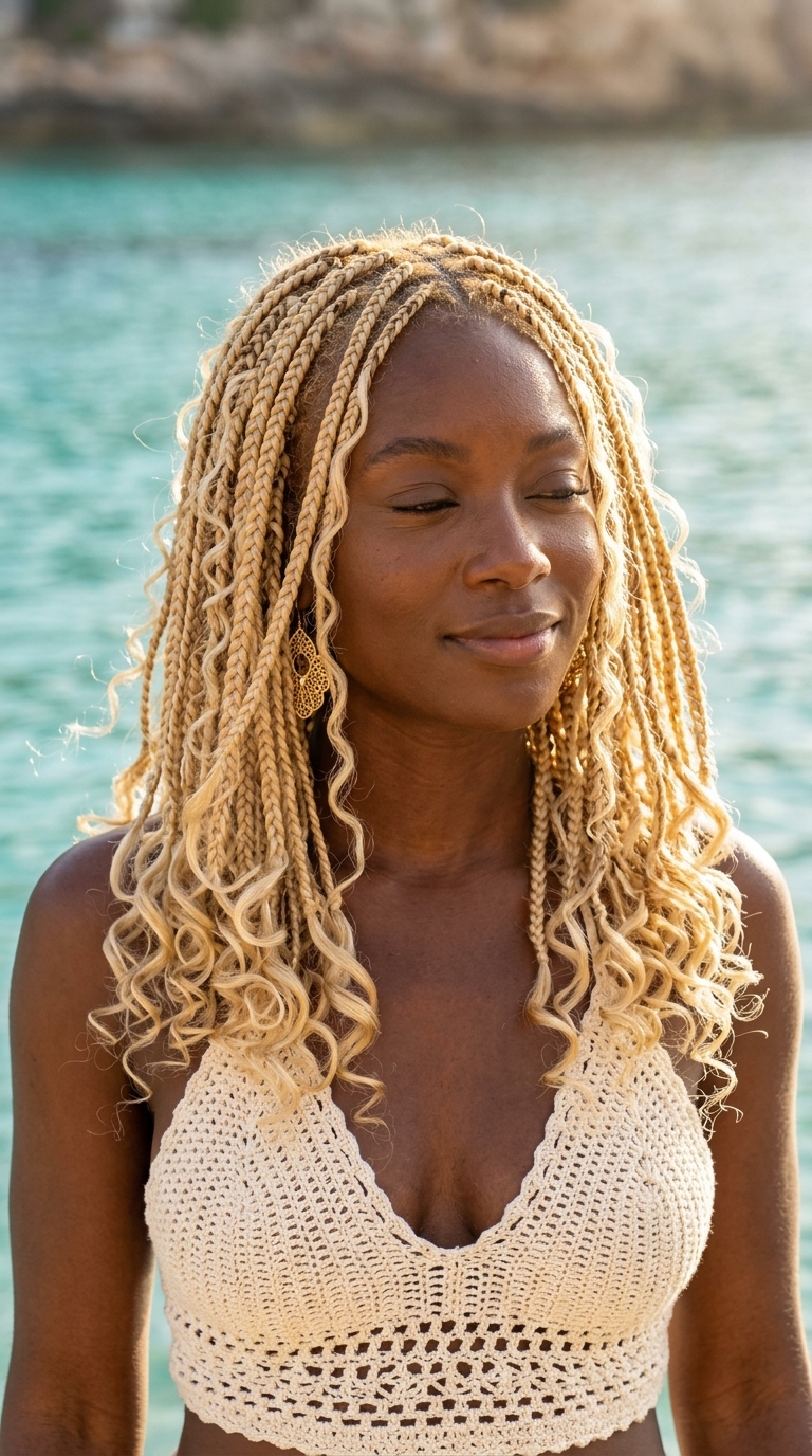 long goddess braids hairstyle with buttercream blonde color, curly tendrils, and face-framing braids for festivals