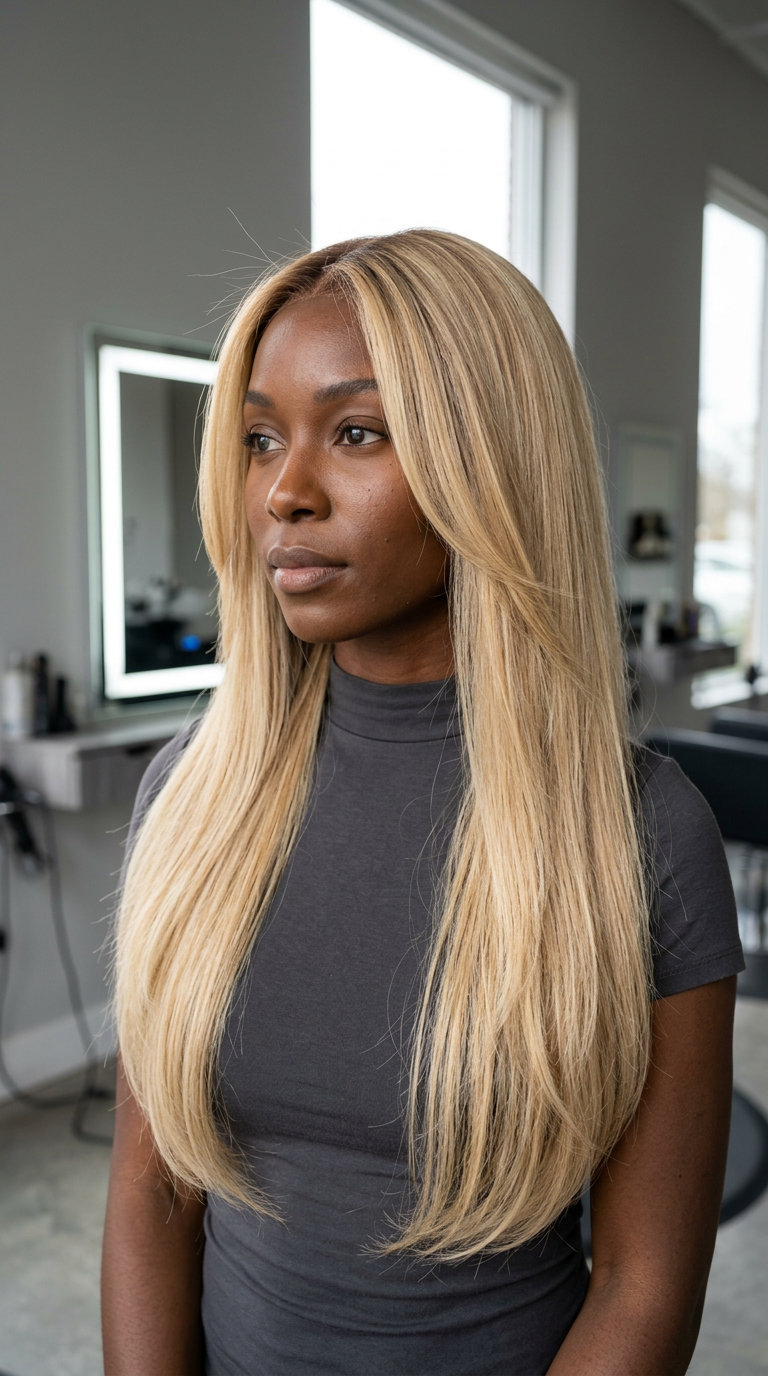 long haircut with hydro-layers in buttercream blonde with honey babylights for summer brunch