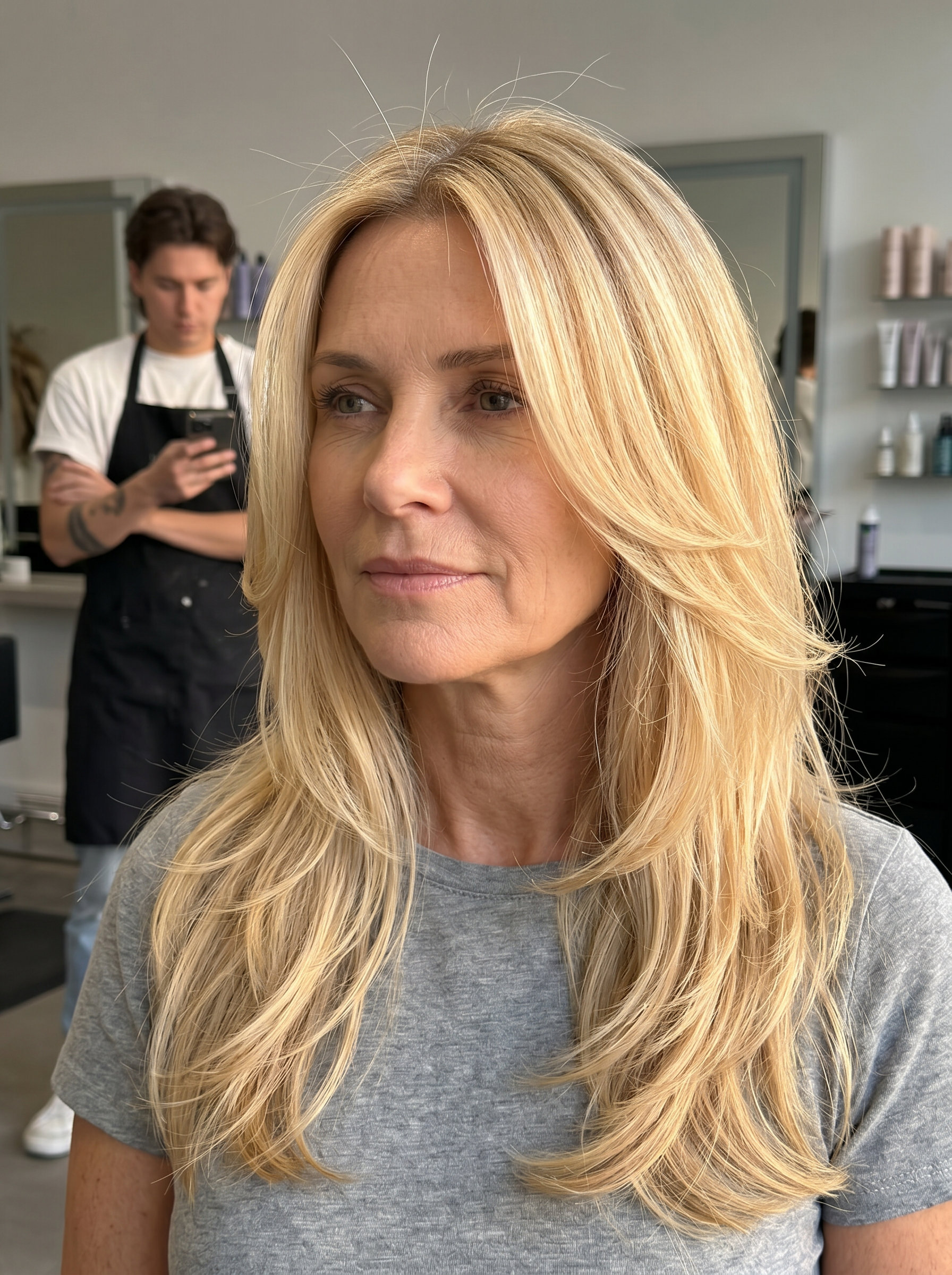 long layered haircut buttercream blonde with honey root shadow, golden babylights, face-framing layers — romantic summer 2026 haircut