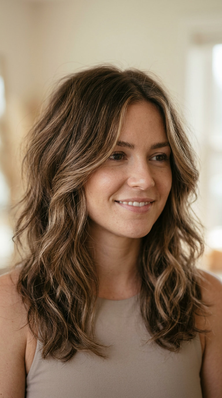 medium butterfly haircut in buttercream blonde with golden halo highlights, point-cut ends — effortless beach day