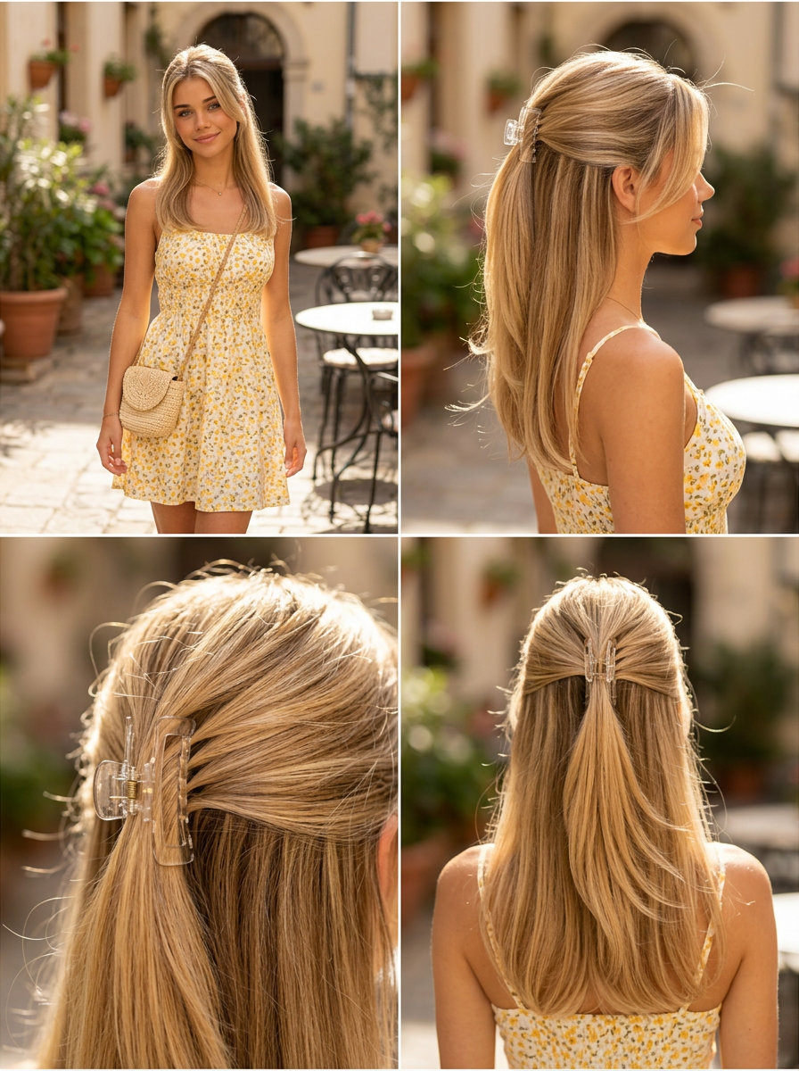 medium buttercream blonde half-up ponytail secured with claw clip and loose face-framing pieces