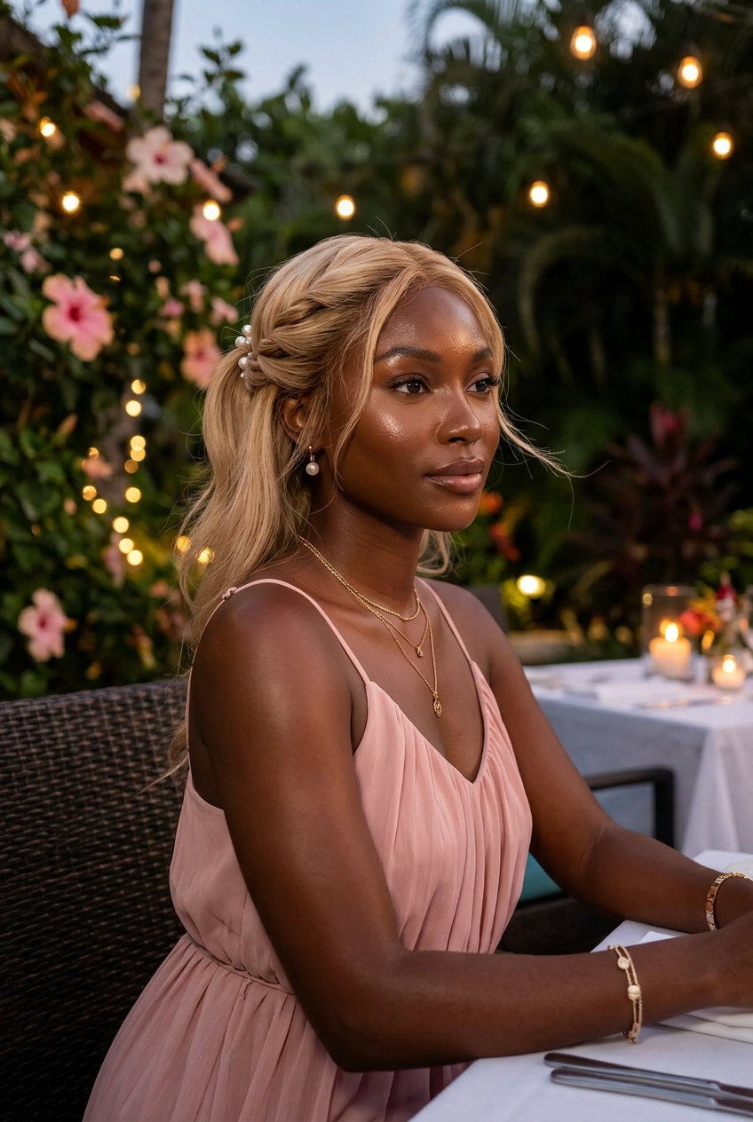medium buttercream blonde half-up ponytail with honey babylights, twisted sections, face-framing tendrils — romantic garden party