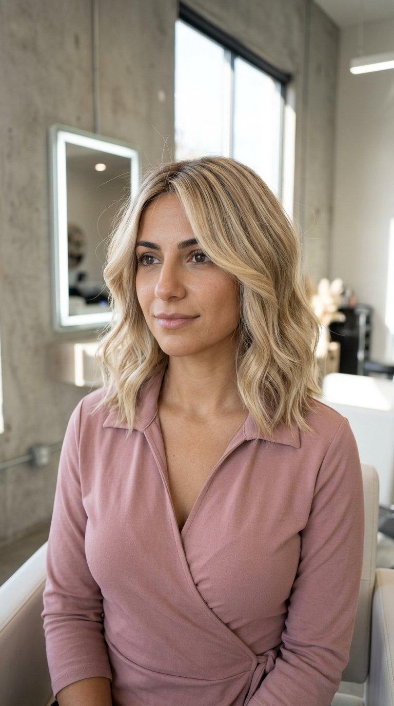 medium lob haircut in buttercream blonde with honey lowlights and vanilla root shadow for summer