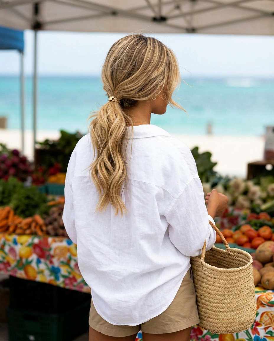 medium buttercream blonde ponytail hairstyle with honey highlights, side sweep, loose waves — chic casual beach day