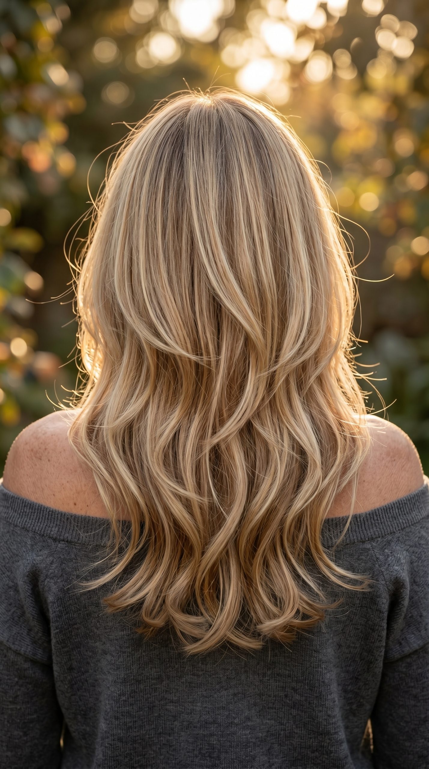 mid-chest length layered haircut buttercream blonde with honey babylights, soft root shadow, invisible face-framing — bohemian summer 2026 haircut