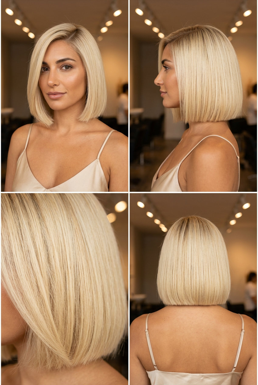 short blunt bob in buttercream blonde with vanilla root smudge for glamorous look