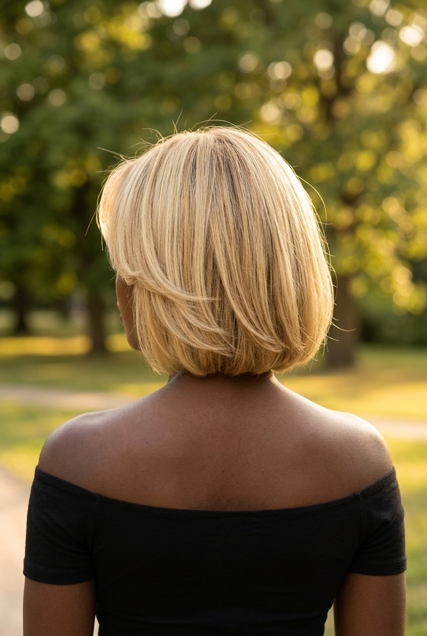short bob haircut with buttercream yellow blonde & honey lowlights, butterfly layers, curtain bangs for date night