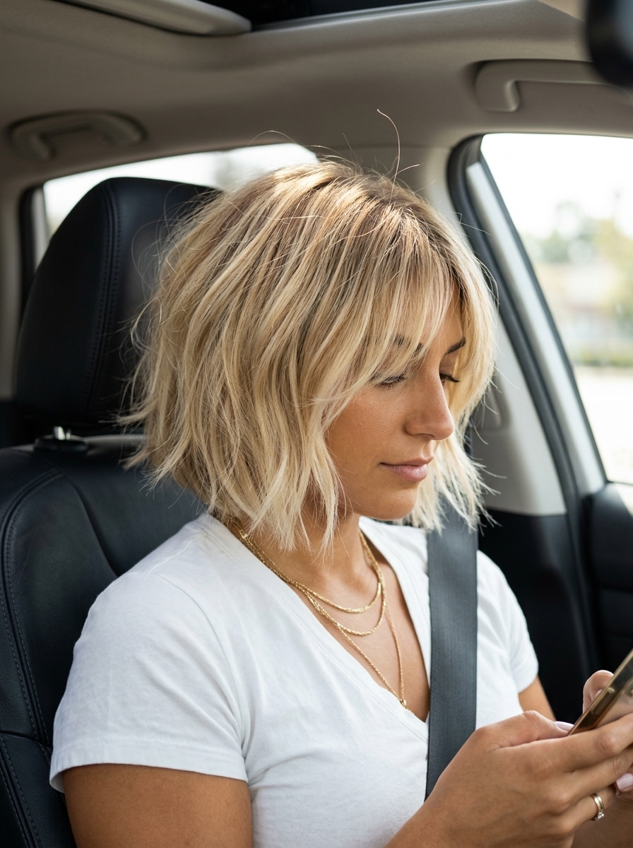 short messy bob haircut with buttercream blonde, honey babylights and point-cut perimeter for summer