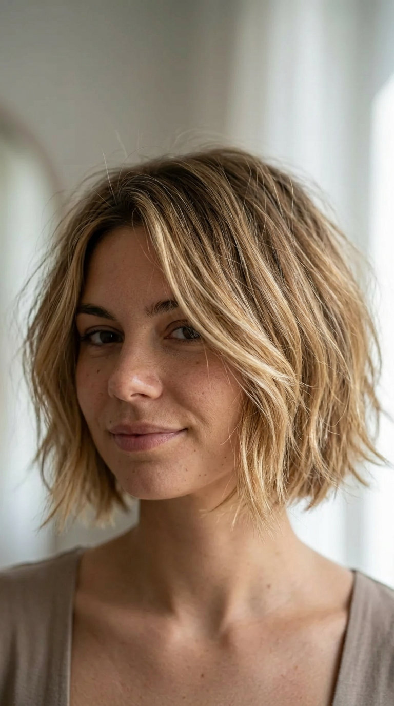 short buttercream blonde bob haircut with honey babylights, shaggy layers, no bangs — playful beachy