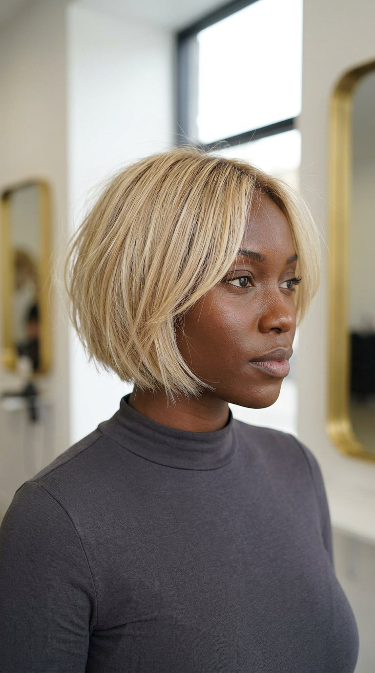 short buttercream blonde french bob haircut with babylights, root smudge, razored ends — effortless festival style