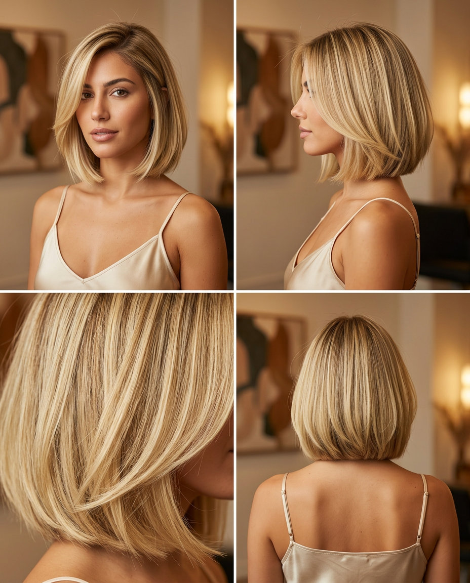 short french bob haircut with buttercream blonde, golden babylights, vanilla root smudge — retro sophisticated chic