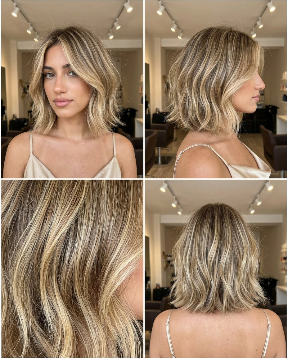 shoulder-length buttercream blonde bob haircut with golden babylights, face-framing pieces, no bangs — playful beachy