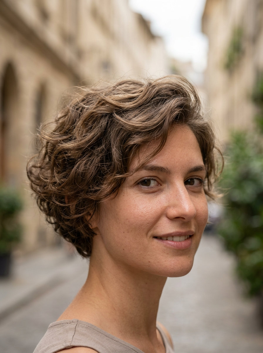 very short warm blonde pixie haircut with golden babylights, soft taper, no fringe — relaxed summer vibe
