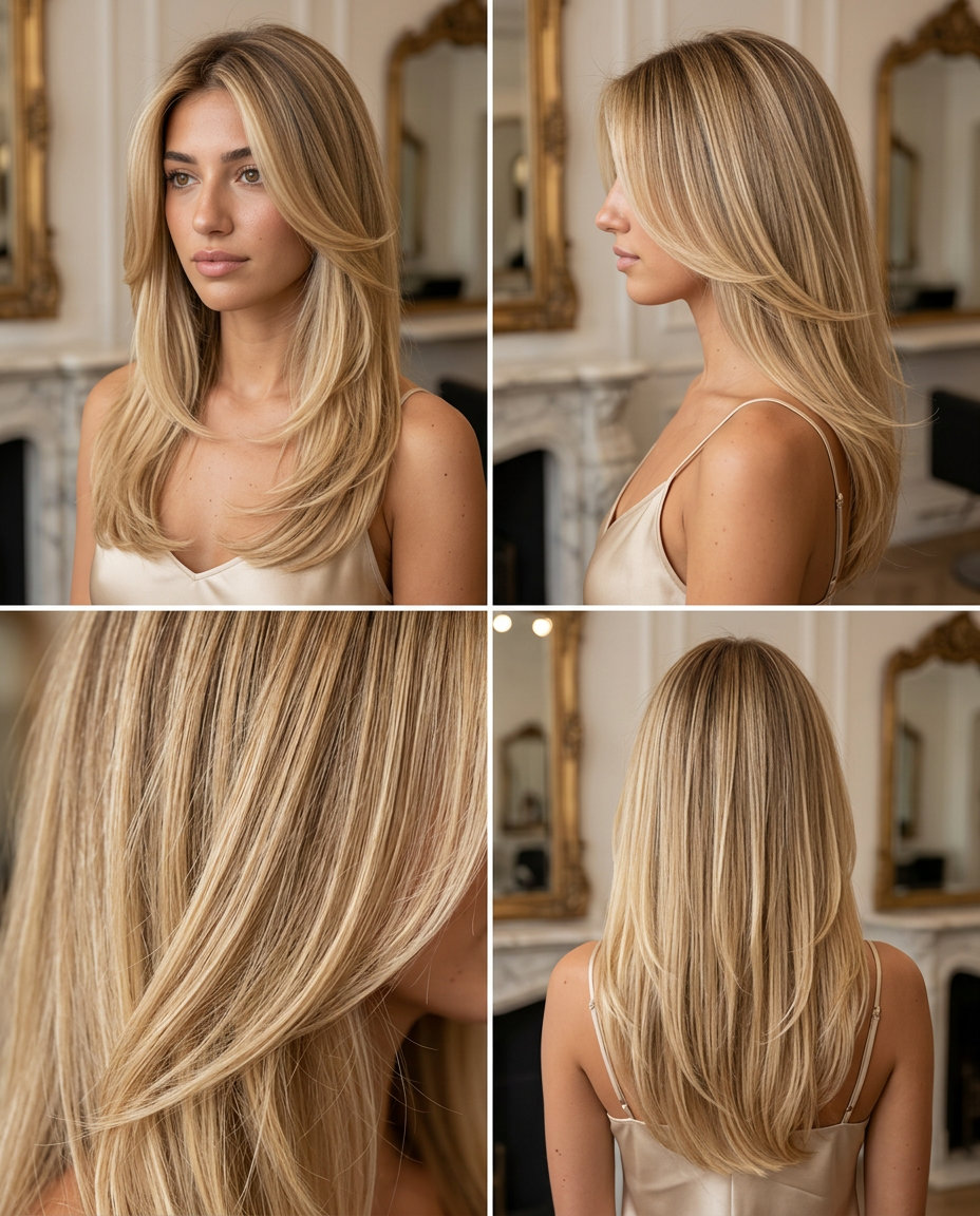 chest-length haircut in warm buttercream blonde with golden babylights, U-shaped layers, for glamour