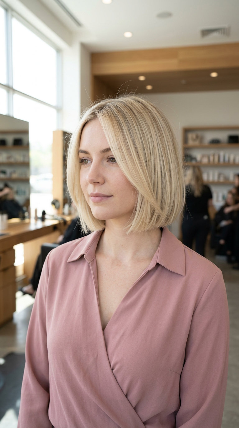 chin-length bob haircut with buttercream blonde, babylights, vanilla root shadow, sliced layers — effortless casual brunch