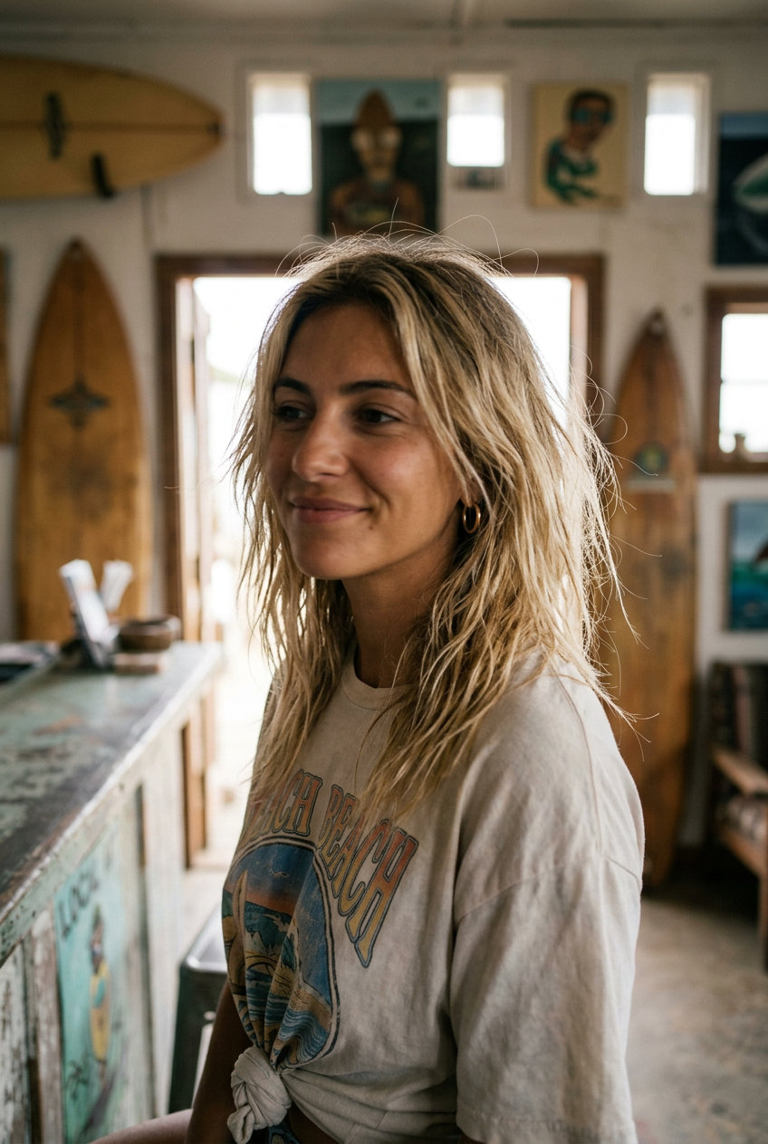 long undone shag with buttercream blonde color, sun-kissed honey, loose waves — relaxed bohemian vibe