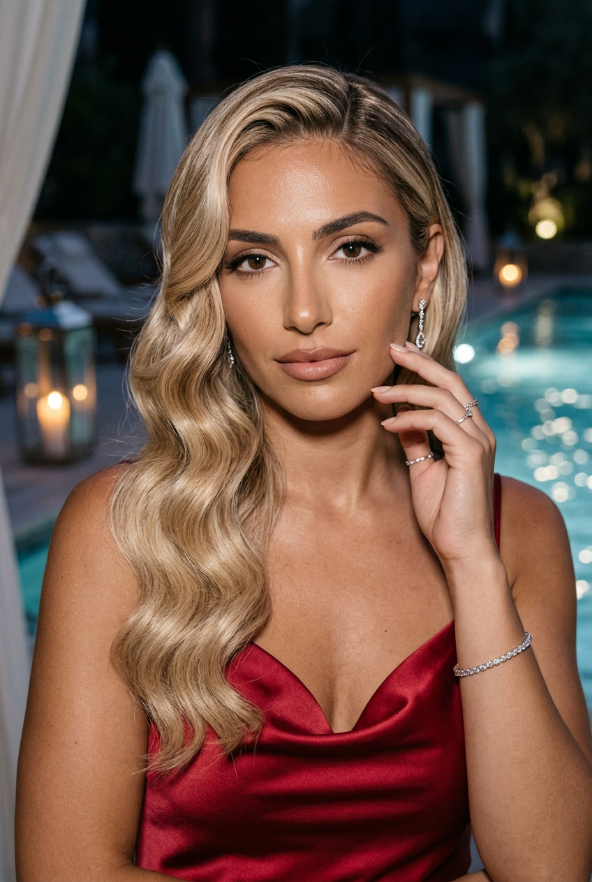 long buttercream blonde Hollywood waves with deep side part for summer