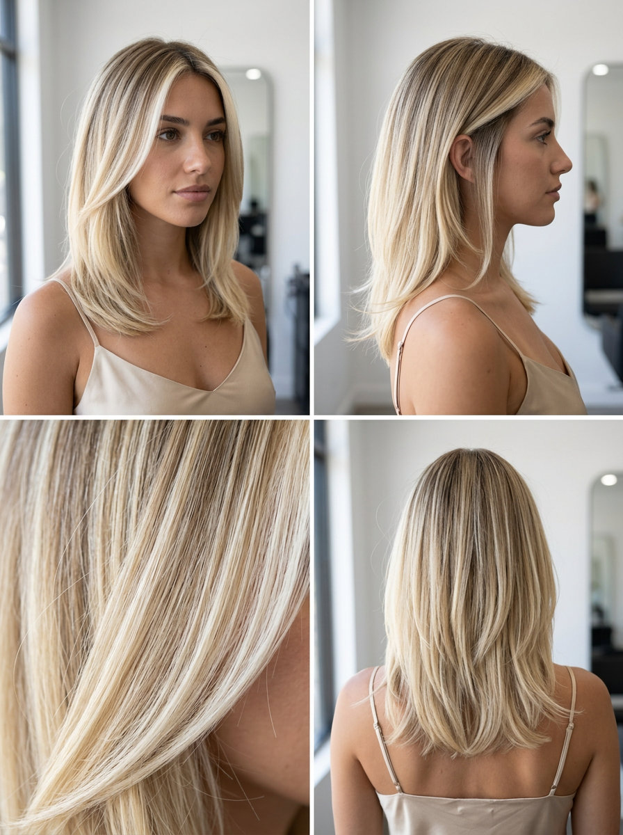 shoulder-length buttercream balayage with bright vanilla face-frame and soft gold, no fringe — edgy concert look