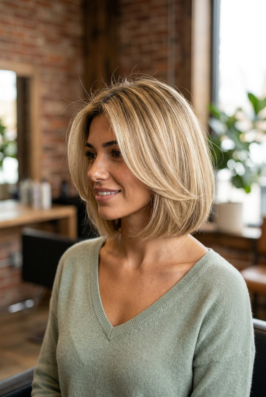 shoulder-length bob haircut with buttercream blonde, honey babylights, internal layers — romantic date night