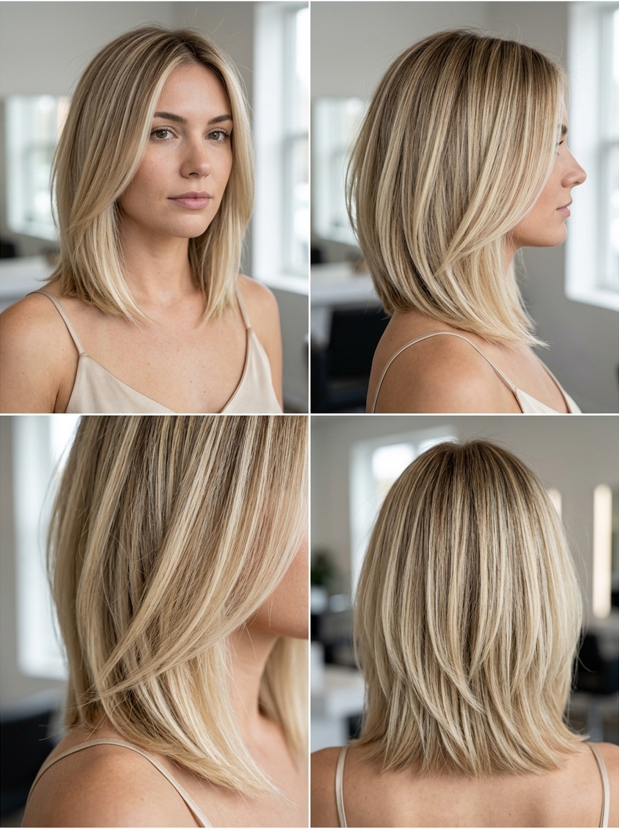 shoulder-length lob buttery blonde hair with vanilla & cream gold balayage, honey root shadow — soft modern