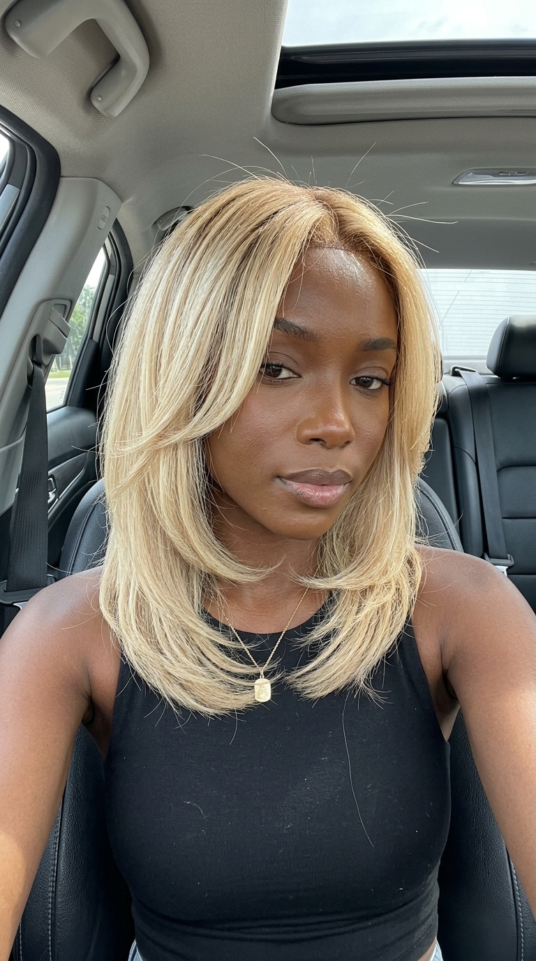 short fluid bixie haircut with buttermilk blonde and natural root, textured layers, soft face-framing pieces — minimalist, effortless
