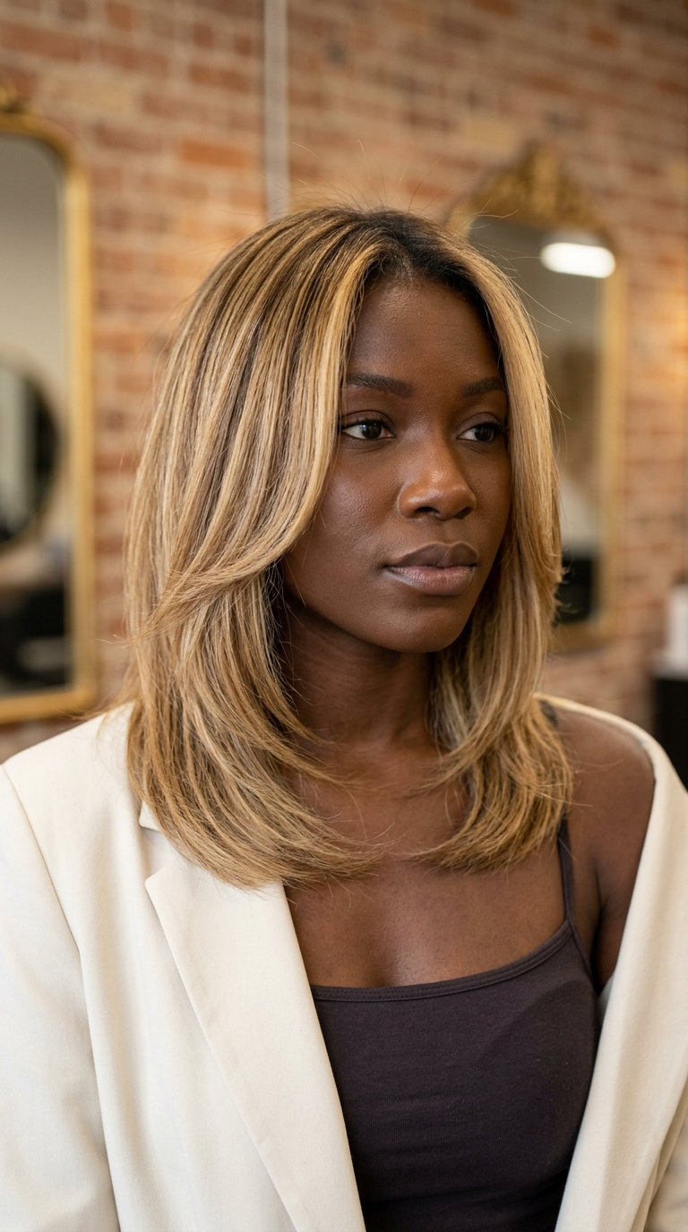 long layered hair with butterscotch blonde balayage, golden honey highlights, dark vanilla root — radiant warm sophisticated look