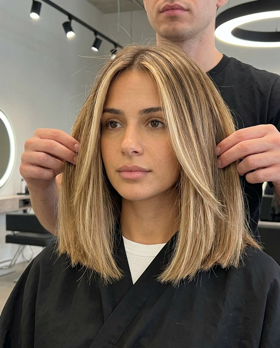 collarbone-length blunt lob balayage with butterscotch swirl and no bangs for summer