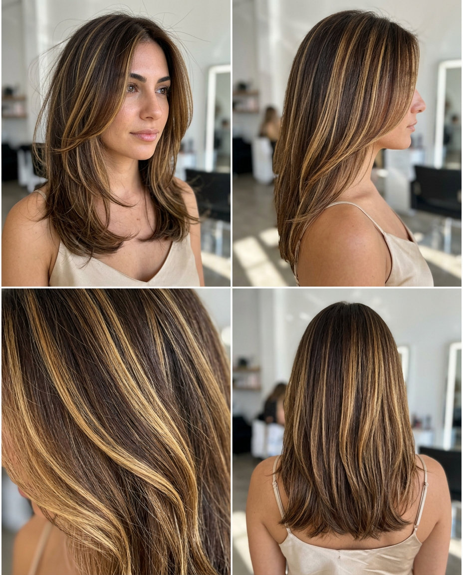 long chocolate brunette hair color with butterscotch highlights, high-contrast foilayage, no fringe — playful glamour