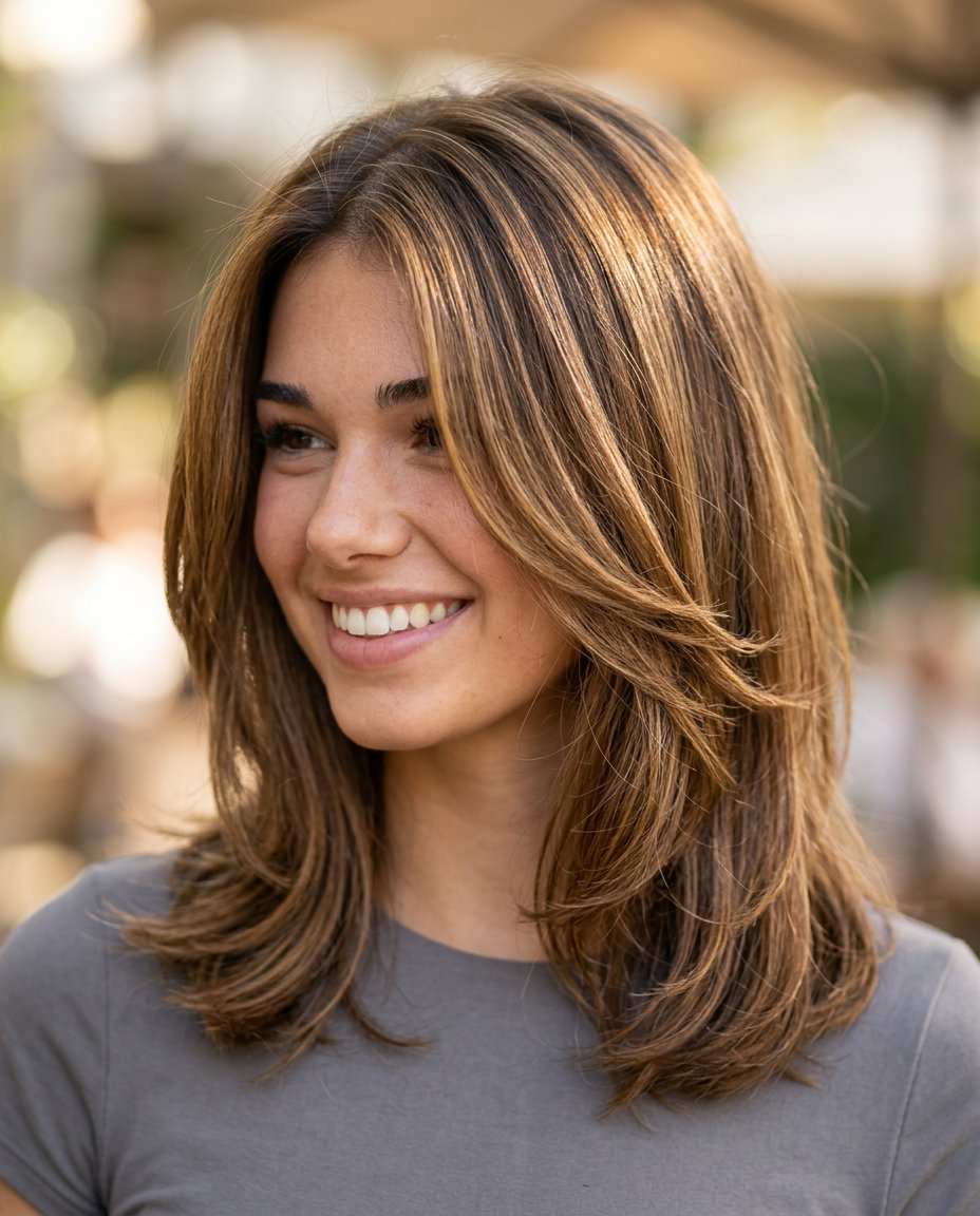 medium layered cut with butterscotch balayage, face-framing layers, no fringe — playful sunny look