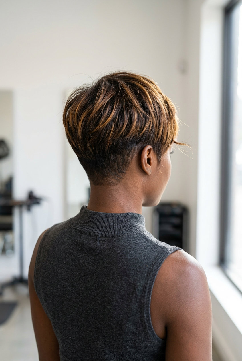 short cropped haircut balayage with butterscotch & golden honey for playful edge