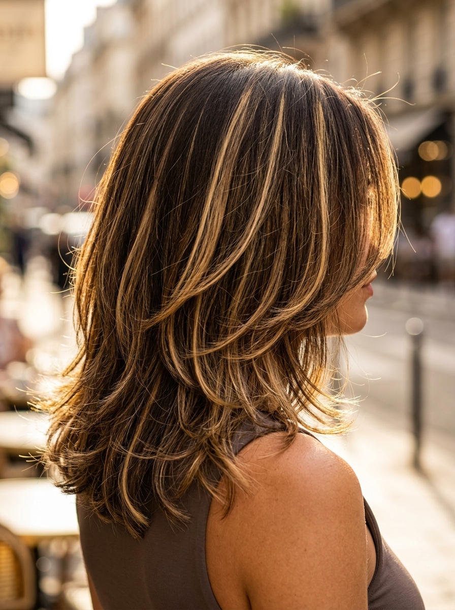 long brown hair with butterscotch swirl foilayage highlights, high-contrast blonde, no fringe — playful, bold, high-contrast