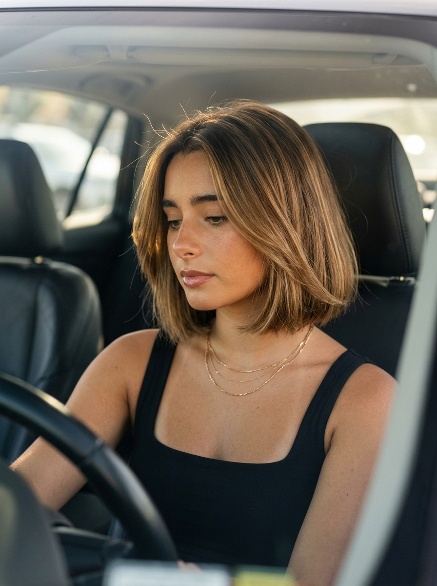 chin-length italian bob haircut in warm caramel brunette with honey balayage and internal texturizing — effortless chic