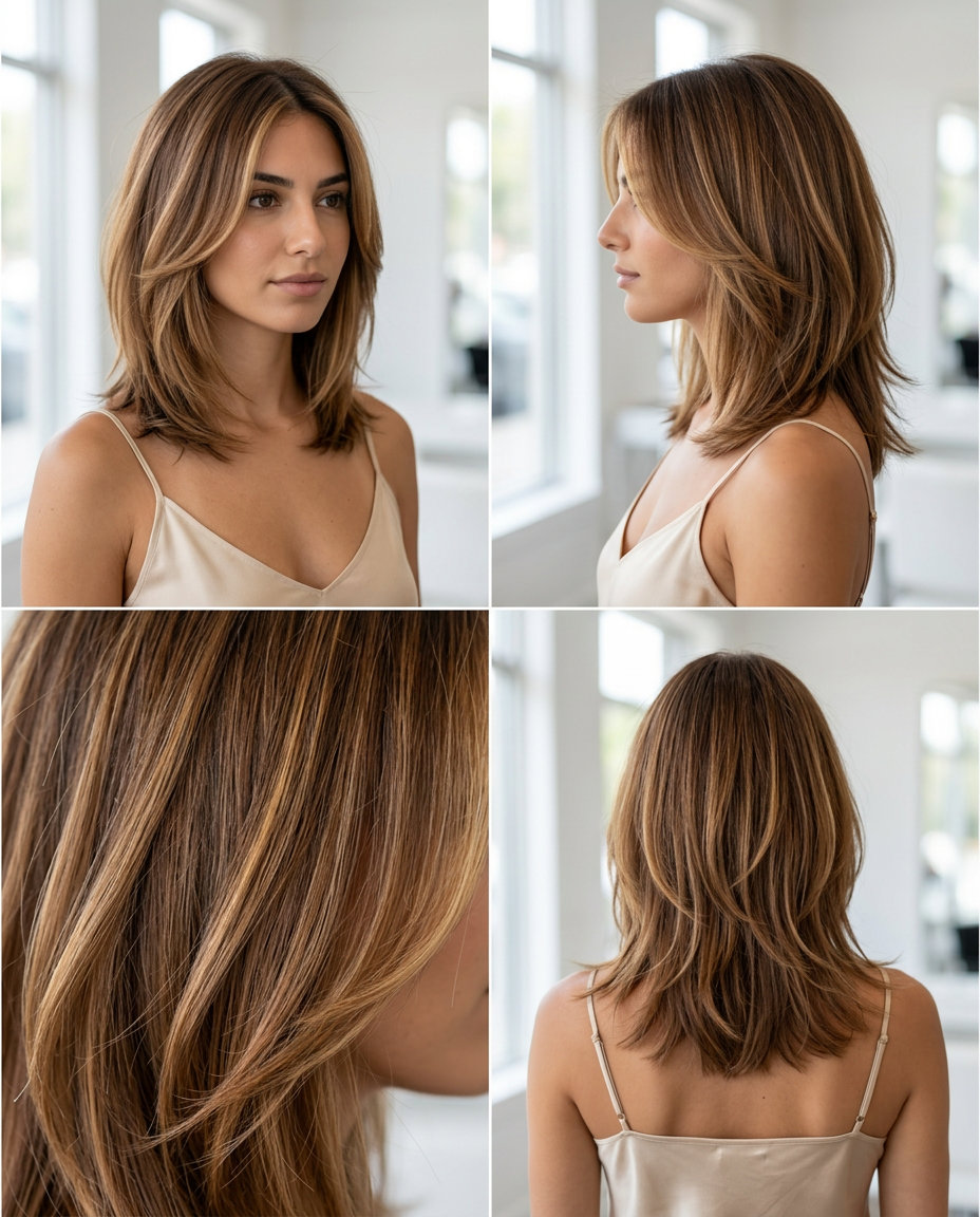 collarbone-length layered haircut with warm caramel brunette, golden balayage, face-framing layers — playful modern
