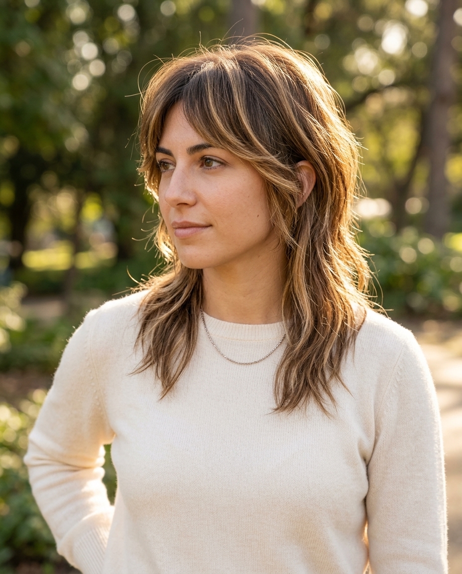 medium shullet haircut in caramel honey blonde balayage on brunette, wispy face-framers — edgy summer beach day