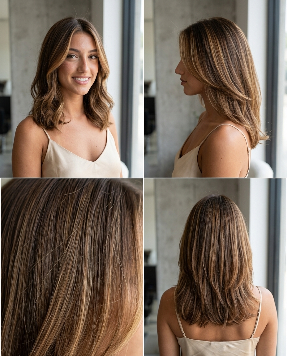 long brown hair with caramel kissed highlights, golden blonde face-frame, no fringe — romantic, sweet, dimensional