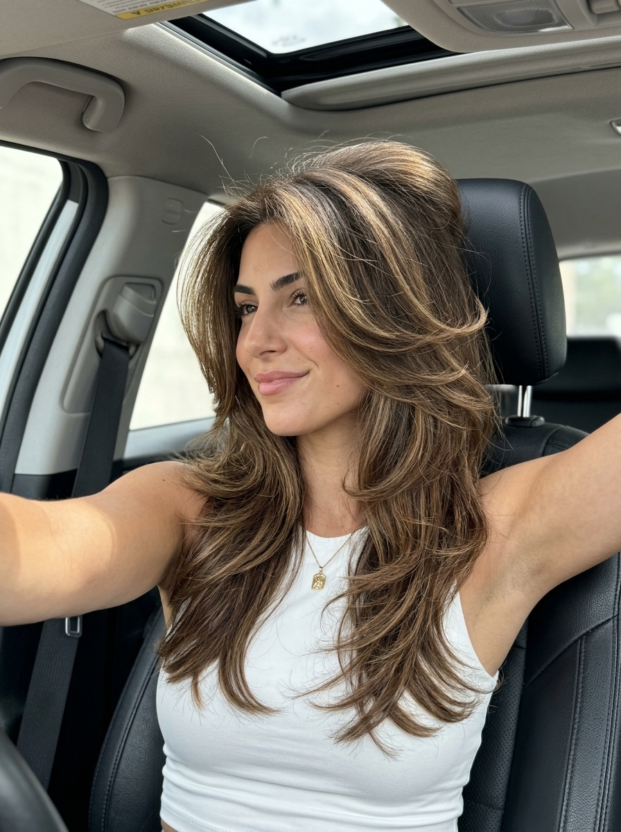 long bombshell haircut with warm caramel balayage, 90s layers, no fringe — retro