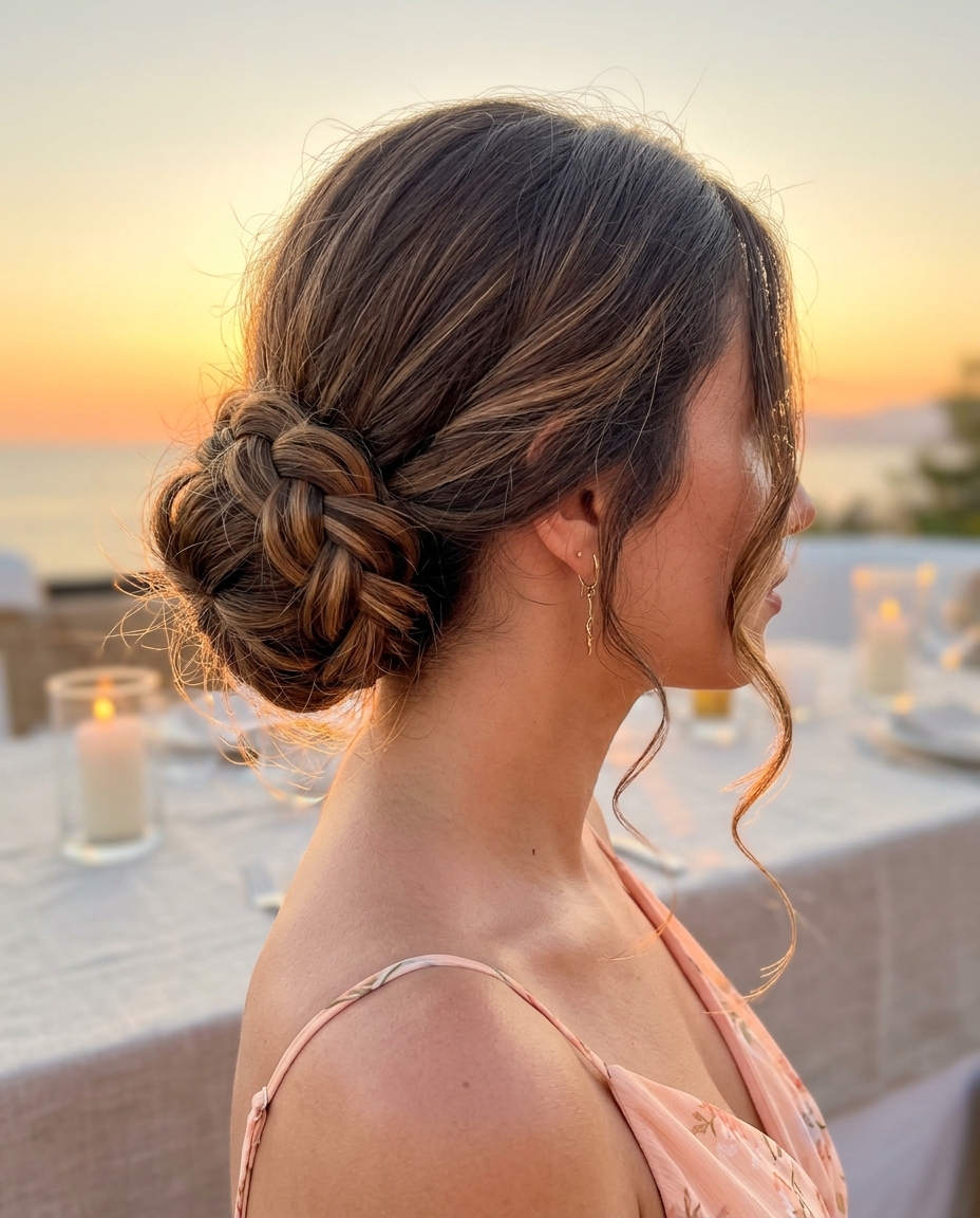 long low braided bun with caramel balayage, face-framing tendrils, romantic elegance — wedding guest style