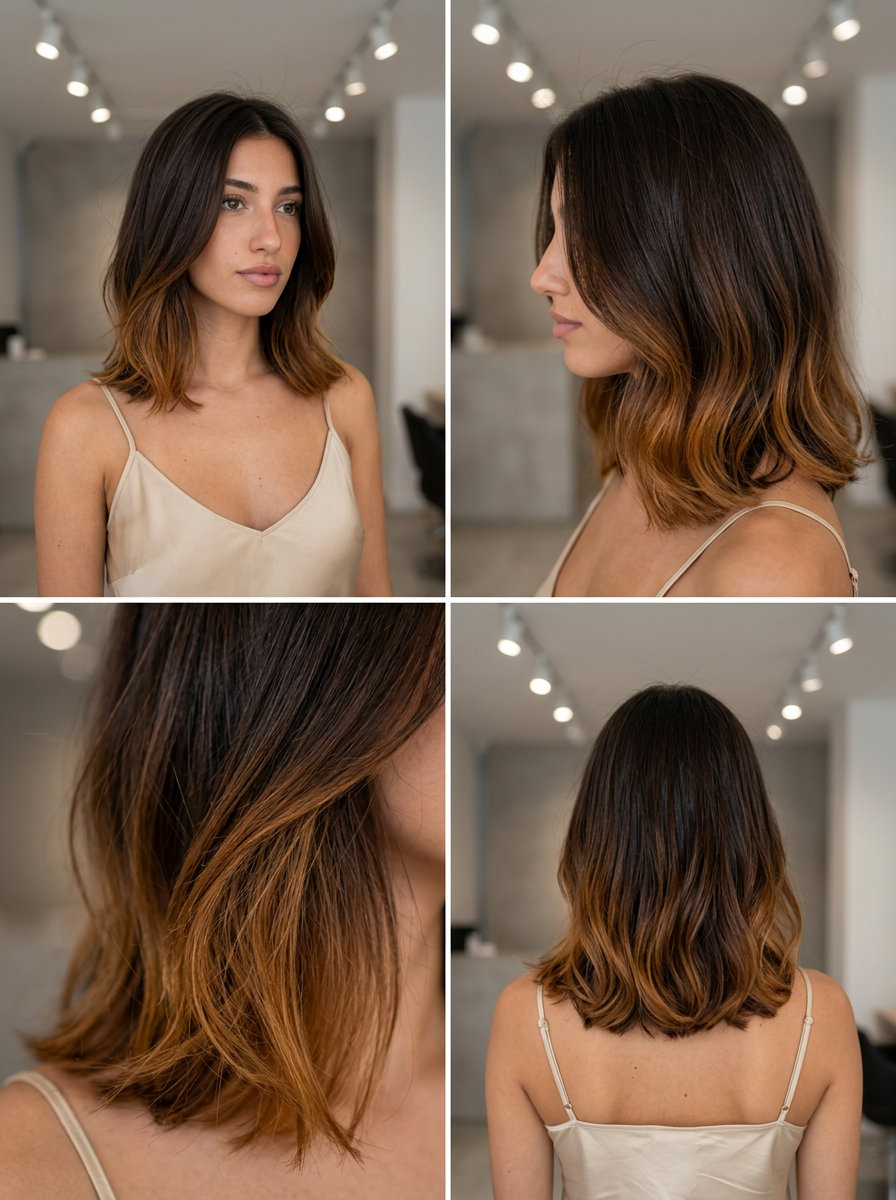 long chocolate brown hair color with caramel dip-dye ends, bold dip-dye technique, no fringe — playful Y2K