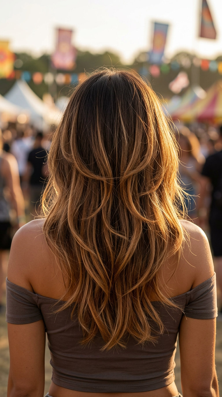 long butterfly haircut with caramel ombré, feathered layers, no fringe — playful