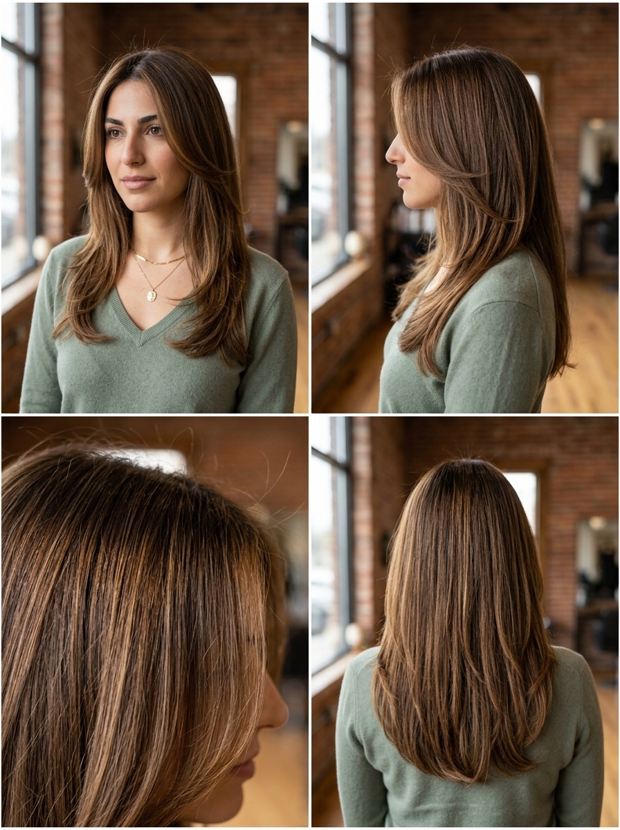 long sculpted haircut with warm caramel balayage, curving layers, no fringe — glamorous