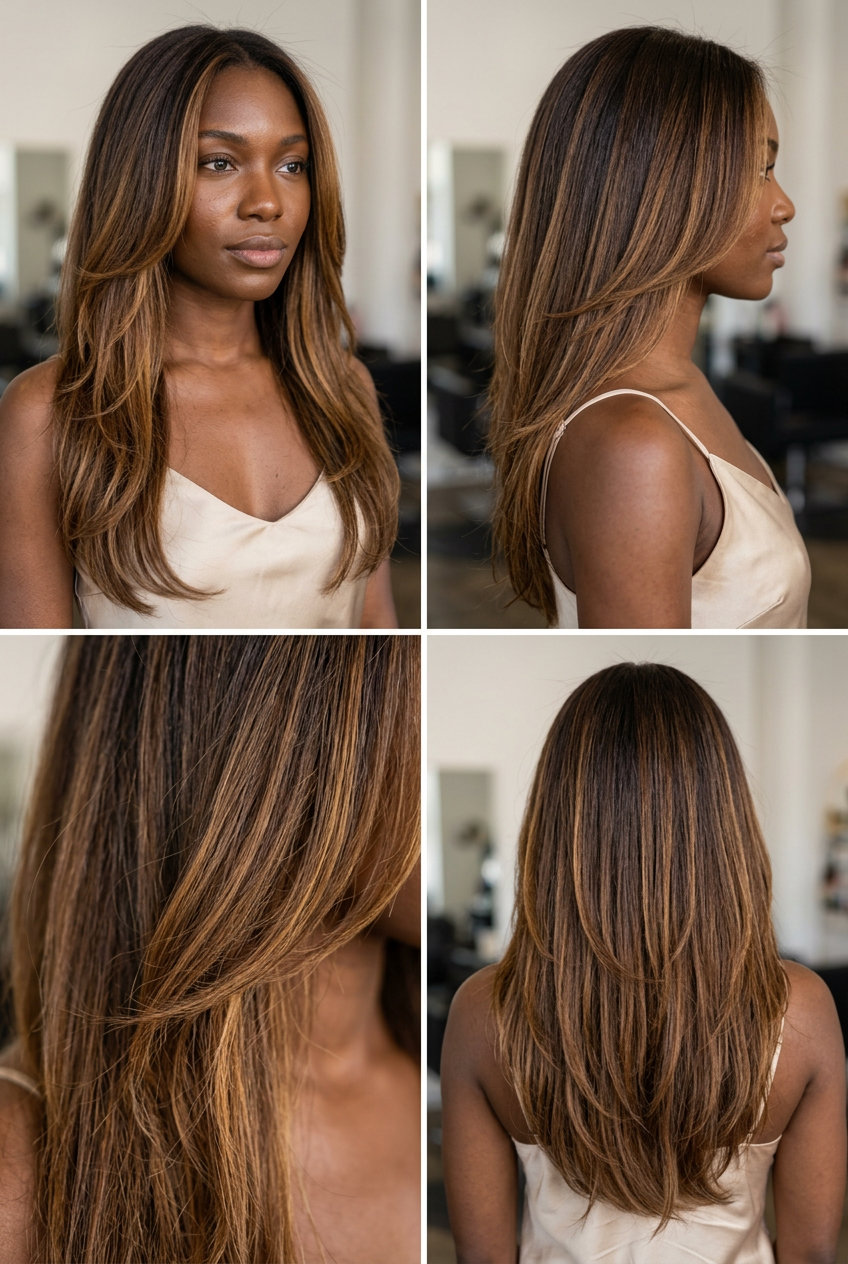 long layered cut with caramel ribbon balayage, face-framing pieces, no fringe — bold glamorous look