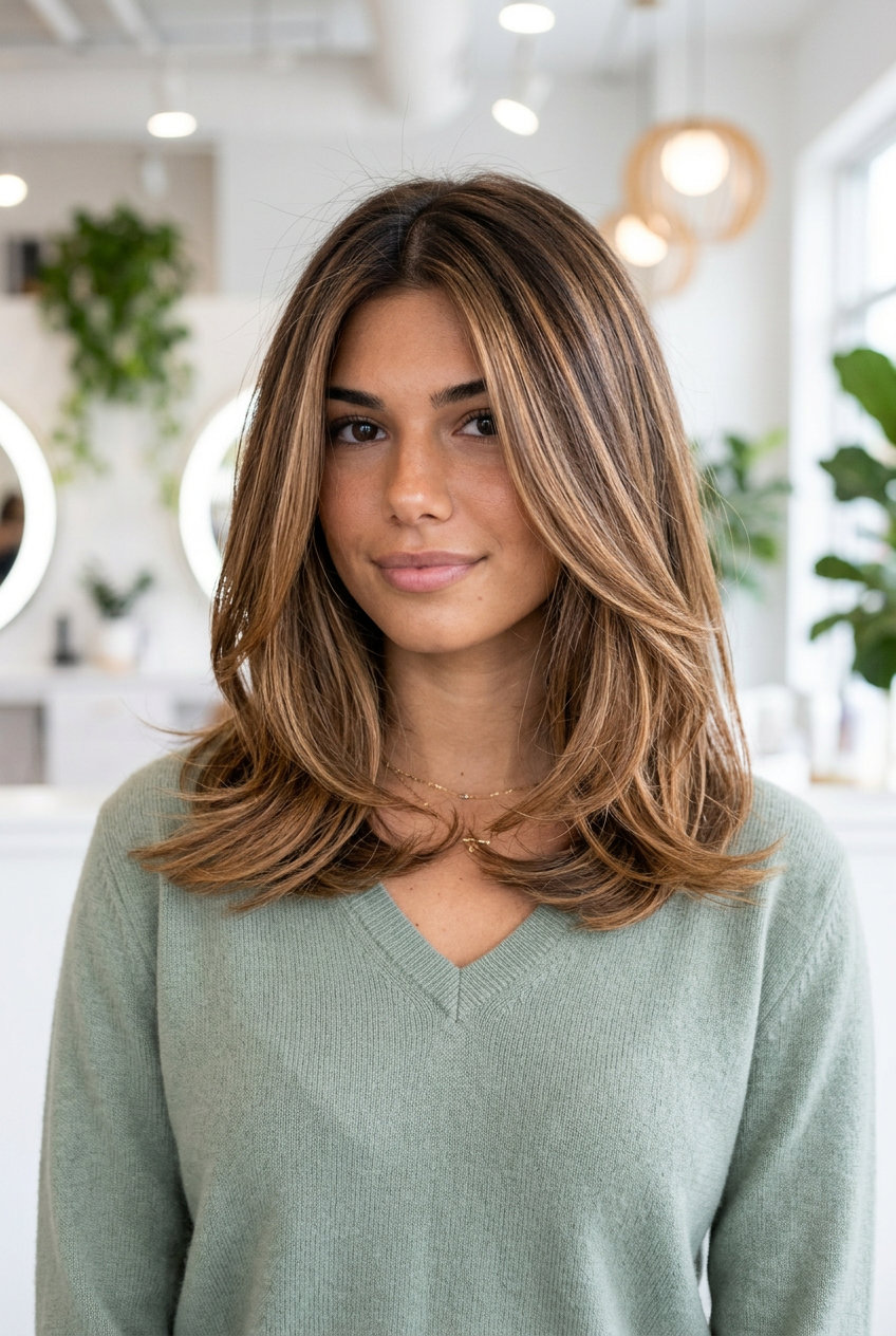 long layered toffee nut bronde with caramel, balayage, no fringe — romantic, boho-chic