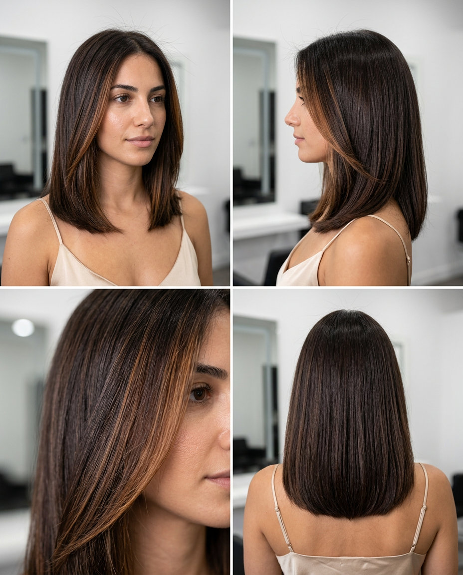 mid-length blunt cut with caramel face-framing balayage, subtle layers, no fringe — sophisticated professional