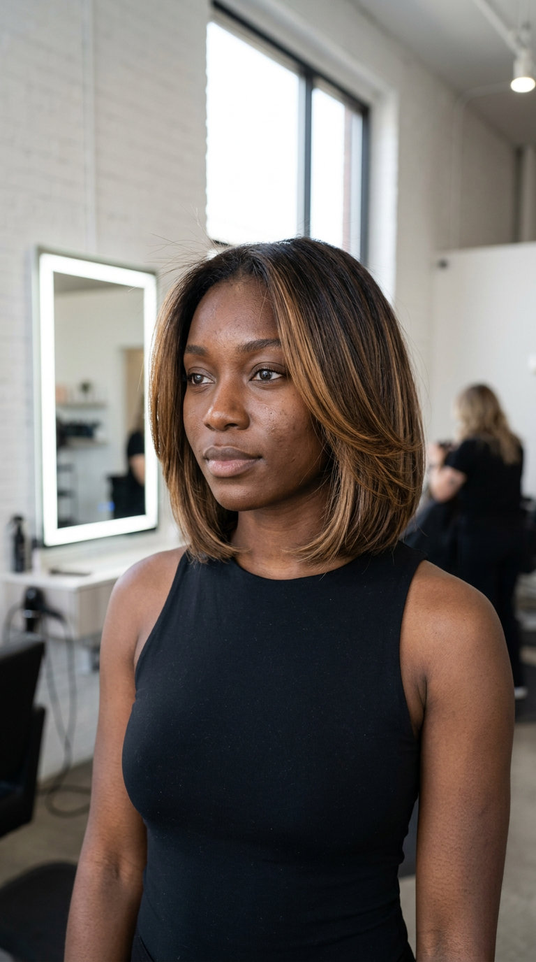 shoulder-length layered bob with warm caramel balayage, hand-painted highlights, no fringe — playful summer brunch