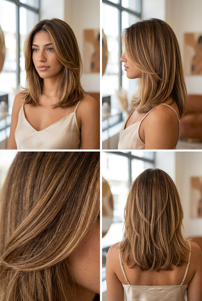 long caramel swirl bronde haircolor with golden, balayage, no fringe — sun-kissed