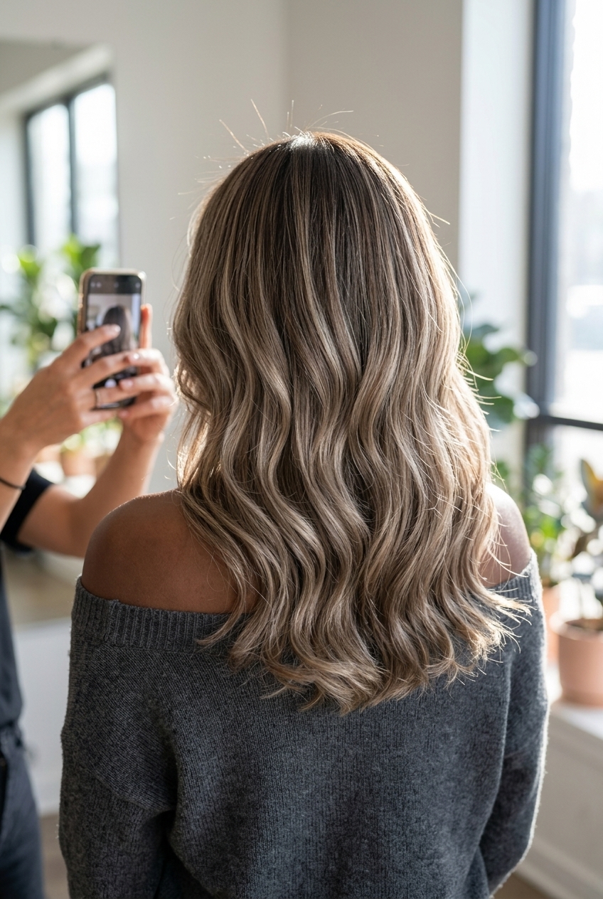 long brown hair with chai latte balayage highlights, cool beige balayage, no fringe — soft, effortless, chic
