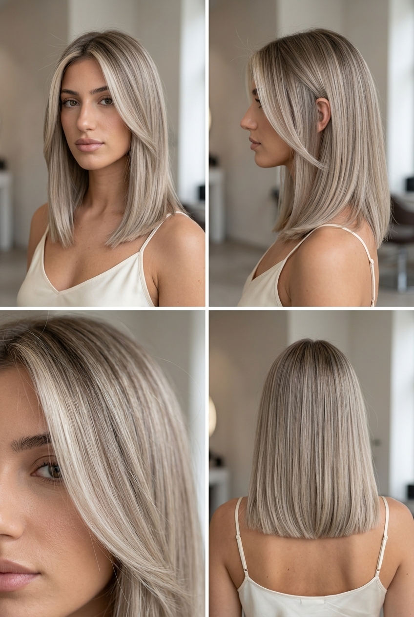 blunt bob champagne ash blonde money piece with neutral ash base, foil highlights — bold statement girls' night out