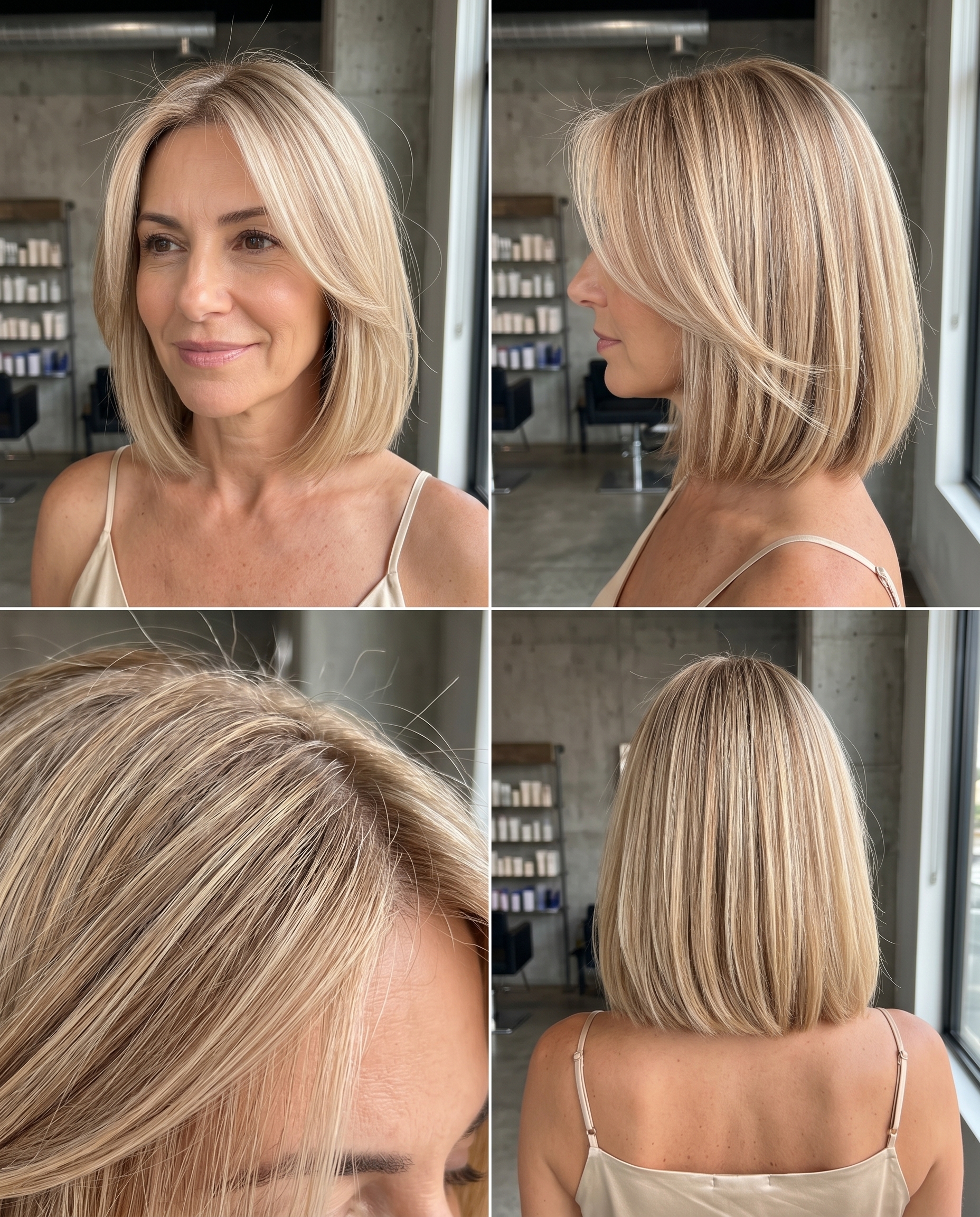 chin-length champagne blonde bob with subtle A-line and face-framing pieces for garden parties