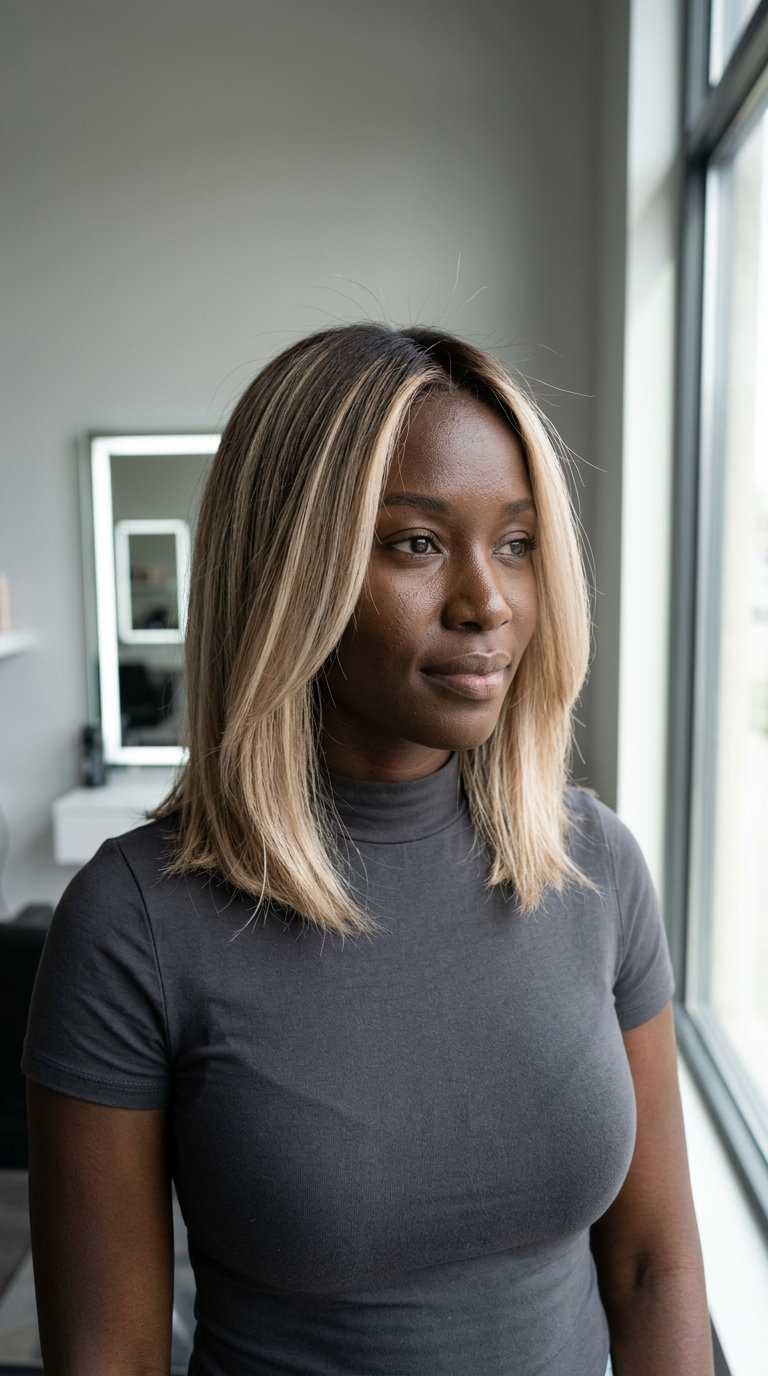 long layered cut with champagne blonde foilyage and cool beige undertones for summer